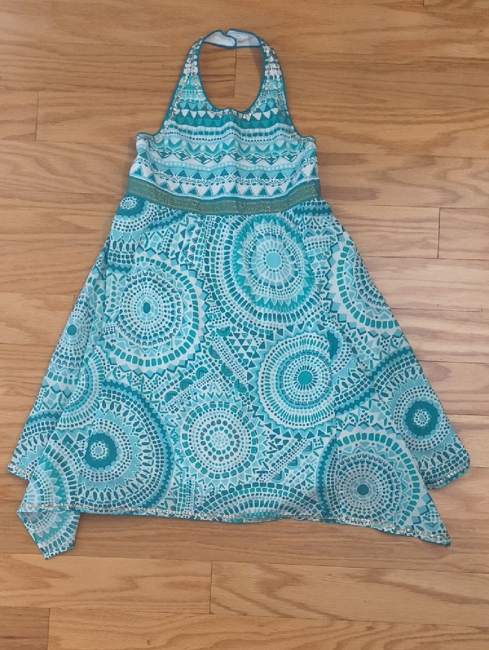 Monsoon Teal & White Sequin Halter Print Dress Size 8 GU